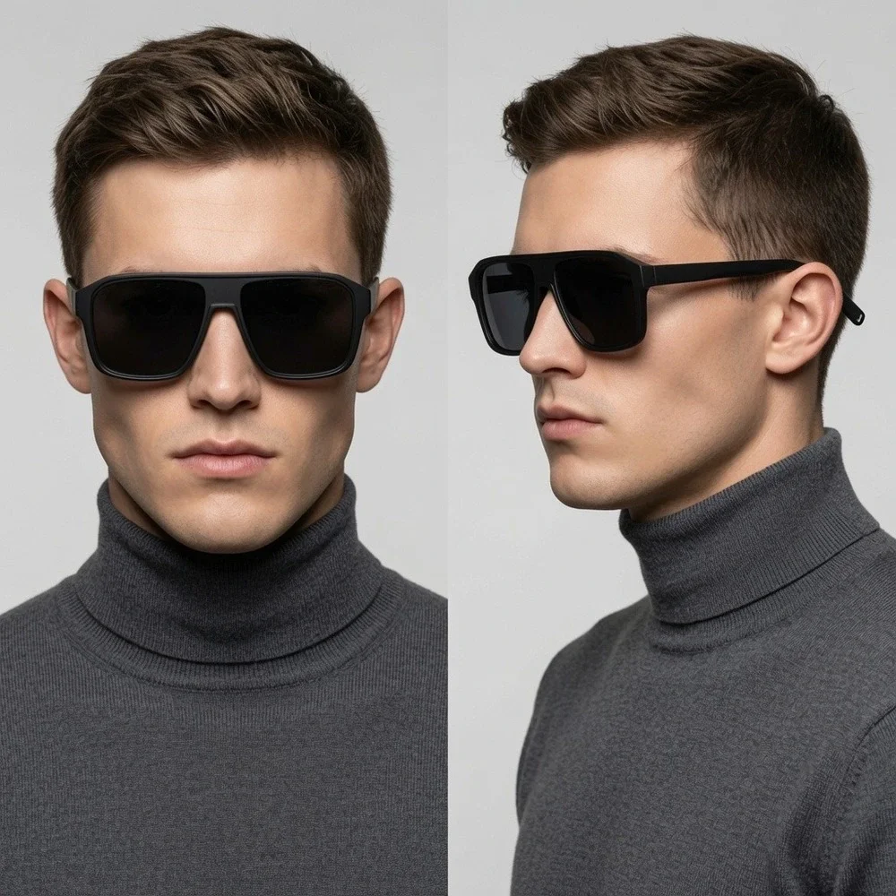 Mens Matte Black Oversized Square Sunglasses Modern Dark Black Lens Bold Eyewear